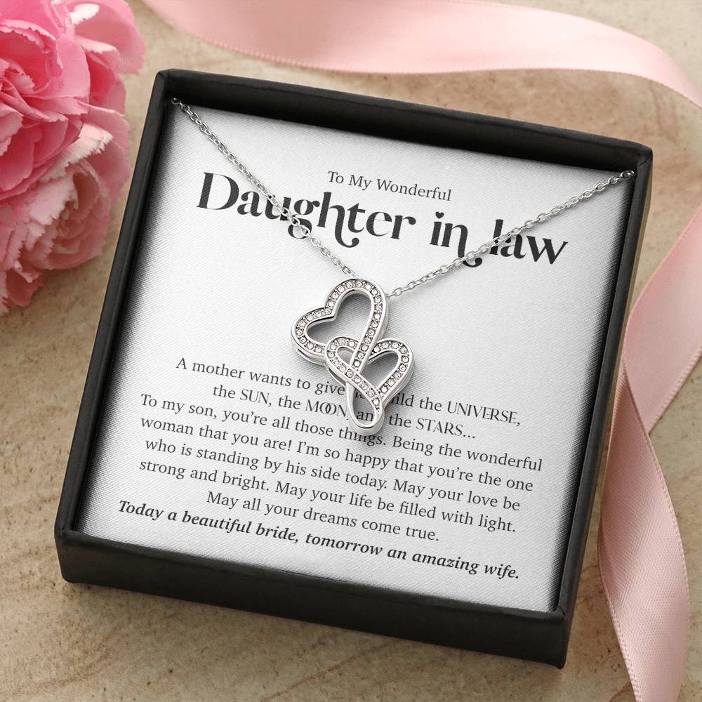 To My Wonderful Daughter In Law Wedding Day Necklace - Joined Hearts Double Hearts Necklace