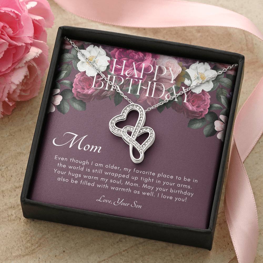 Mother's Birthday Gift From Son  Gift For Mom On Her Birthday  Mom Necklace  Best Mom Gift Message Card 1 Double Hearts Necklace