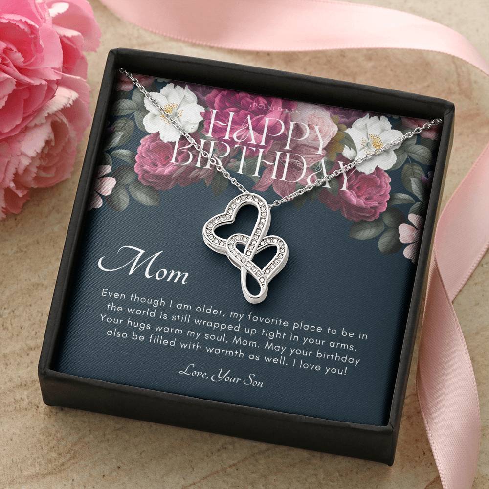 Mother's Birthday Gift From Son  Gift For Mom On Her Birthday  Mom Necklace  Best Mom Gift Message Card Double Hearts Necklace