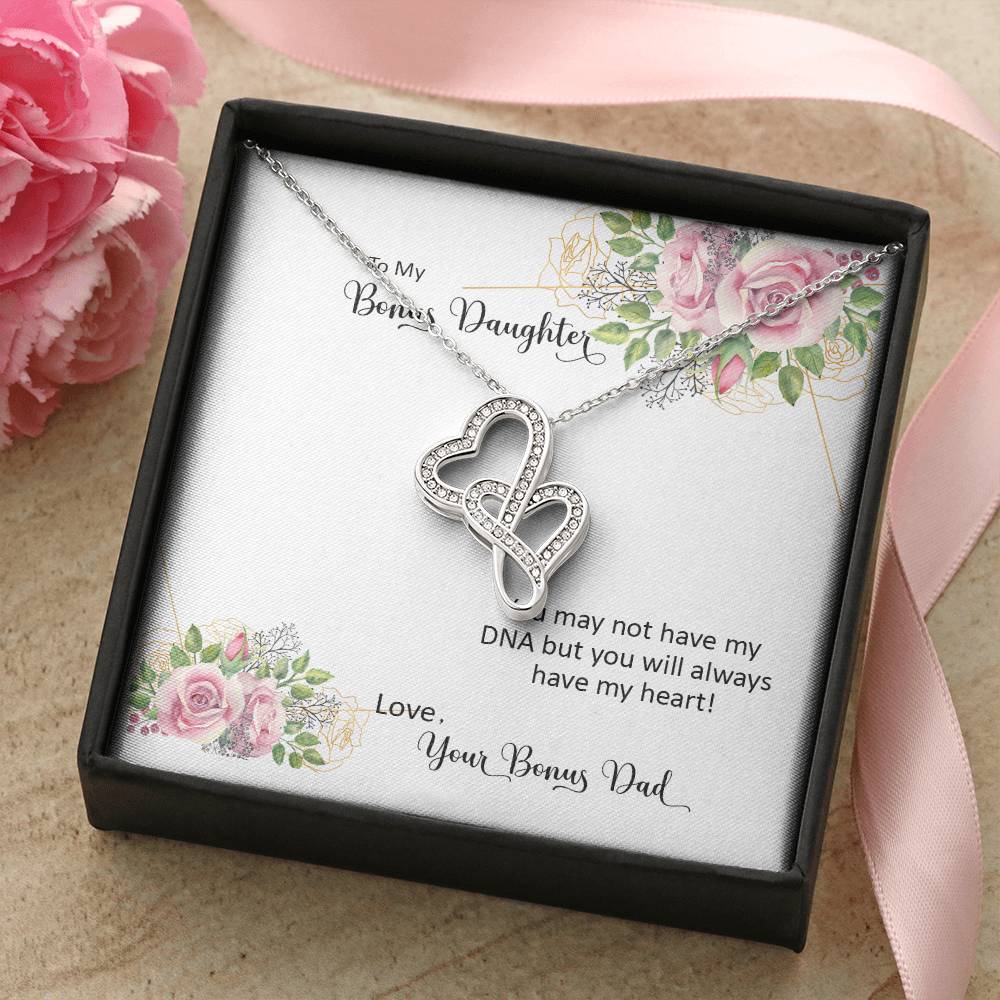 Bonus Daughter From Bonus Dad No Dna But You Have My Heart  6 Double Hearts Necklace