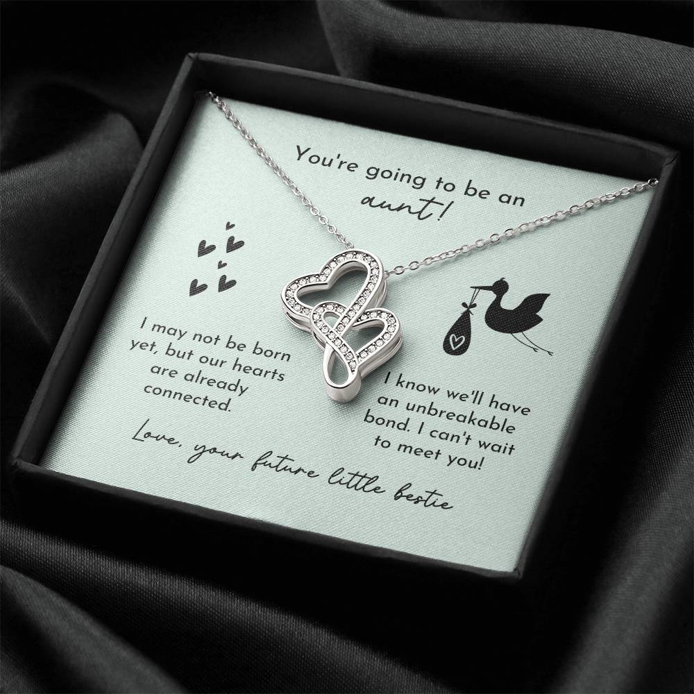 Aunt To Be Birth Announcement Double Hearts  Mint Stork Double Hearts Necklace