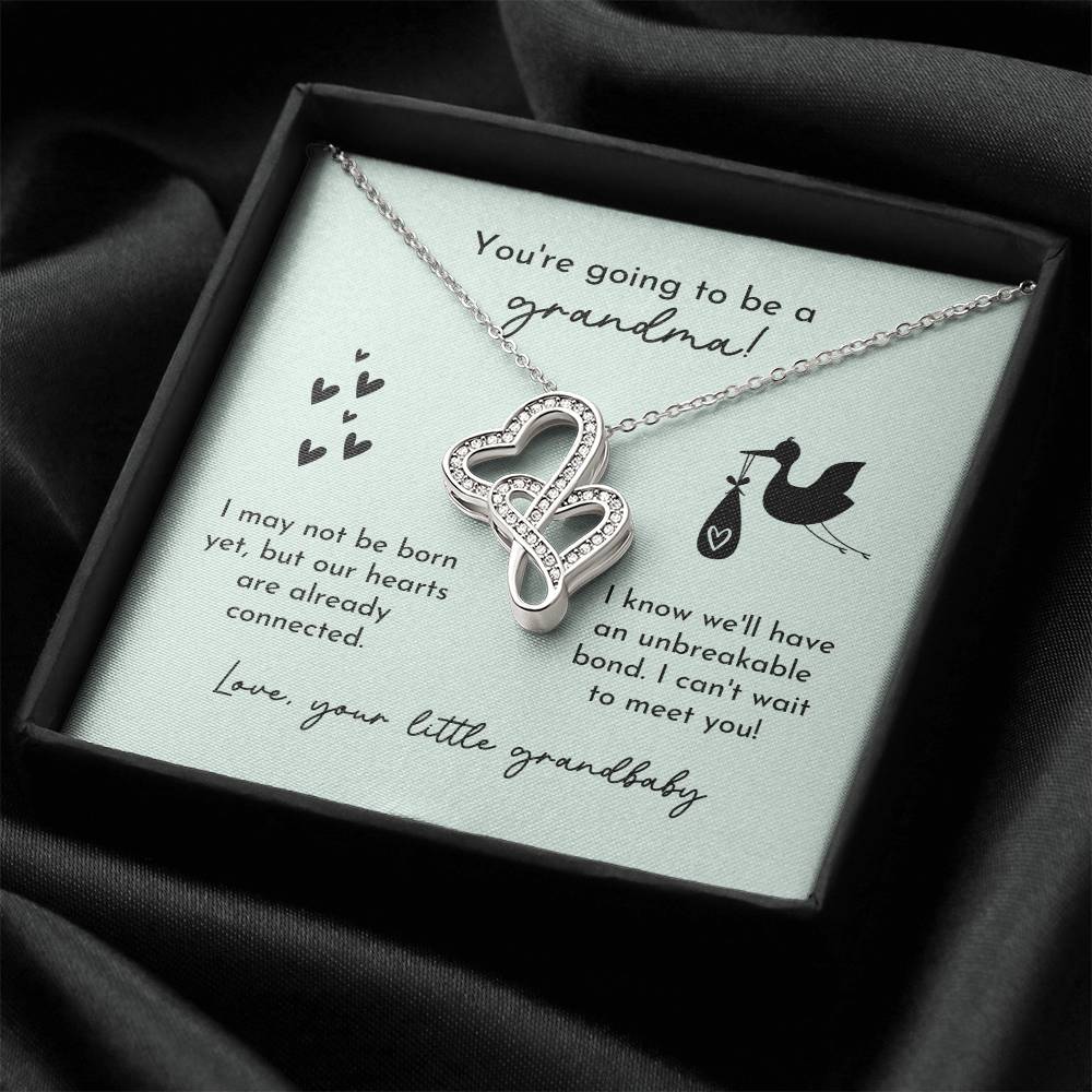 Grandma To Be Birth Announcement Double Hearts  Mint Stork Double Hearts Necklace