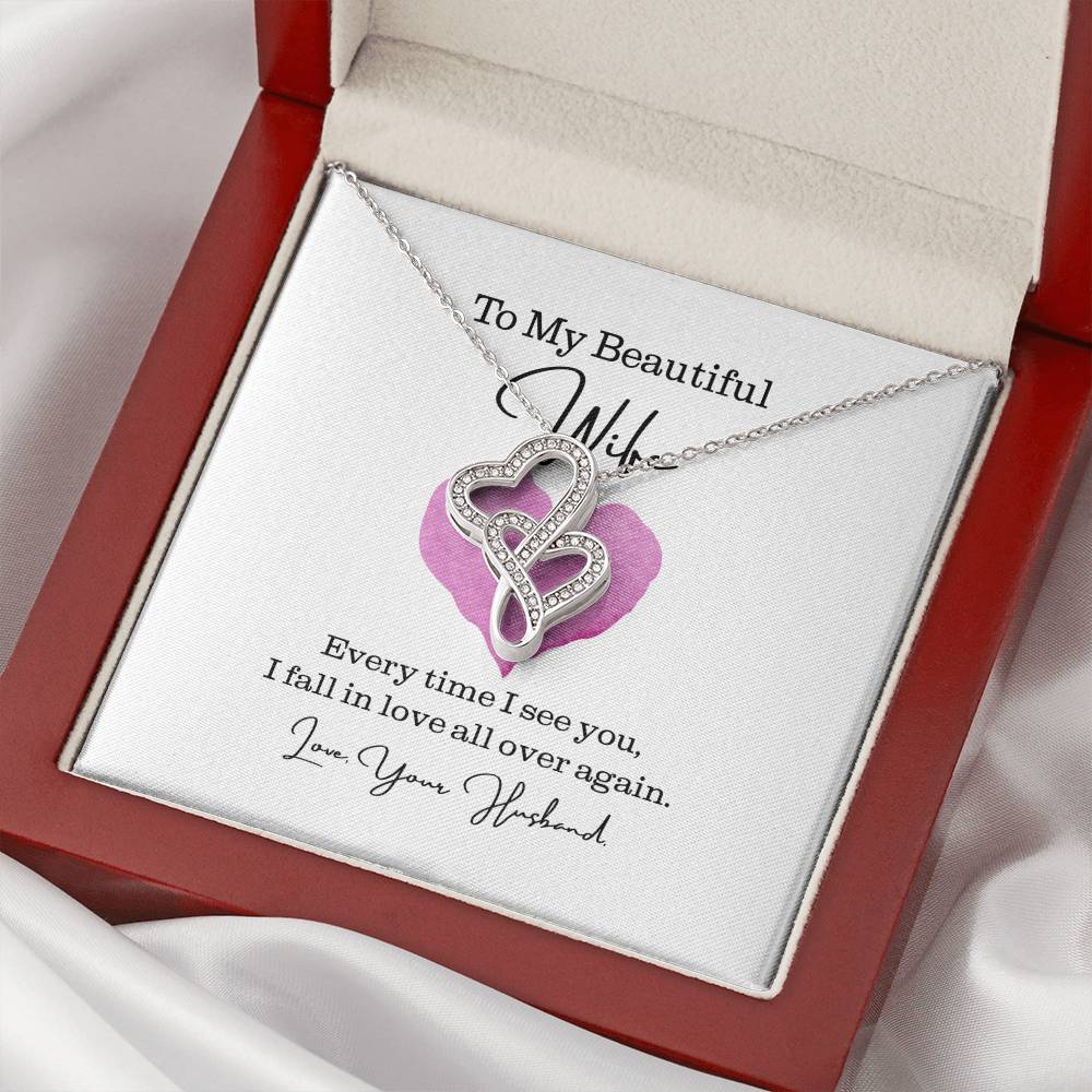 To My Beautiful Wife - Fall In Love All Over Again Double Hearts Necklace