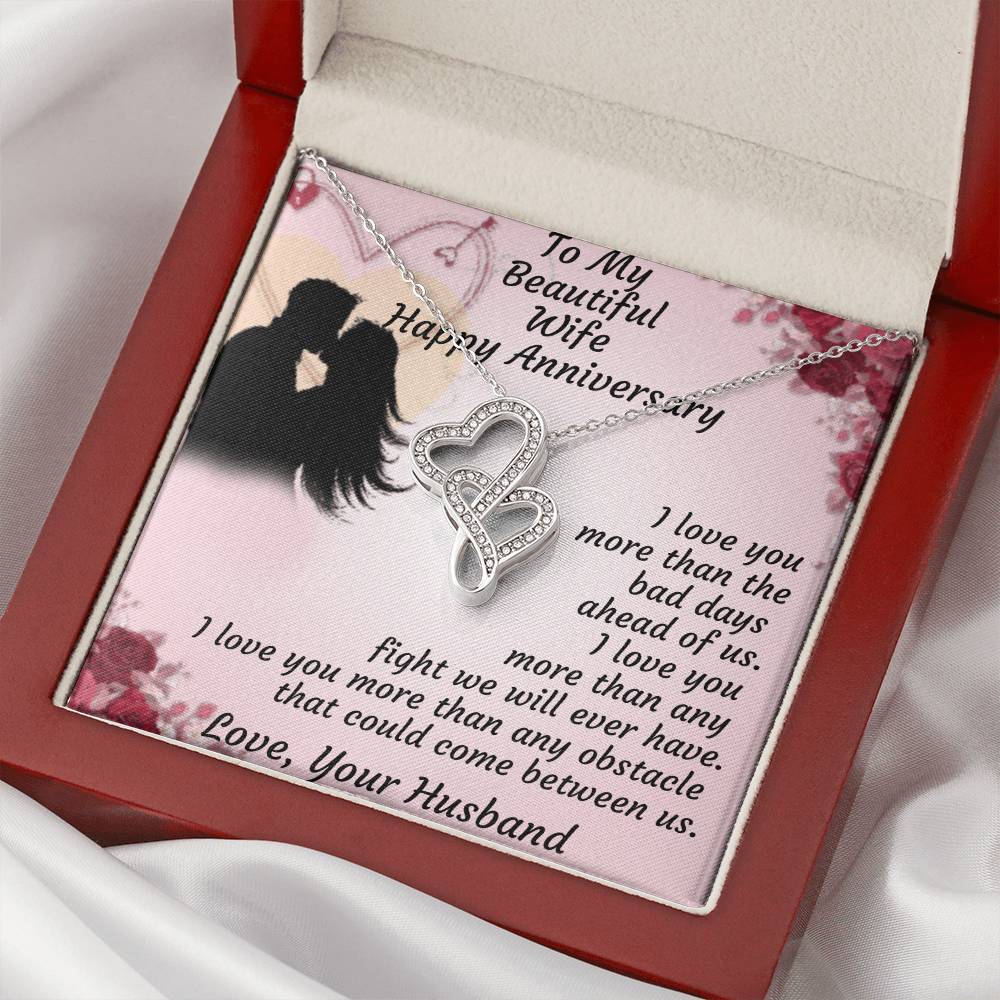 To My Beautiful Wife Happy Anniversary -  Double Hearts Necklace