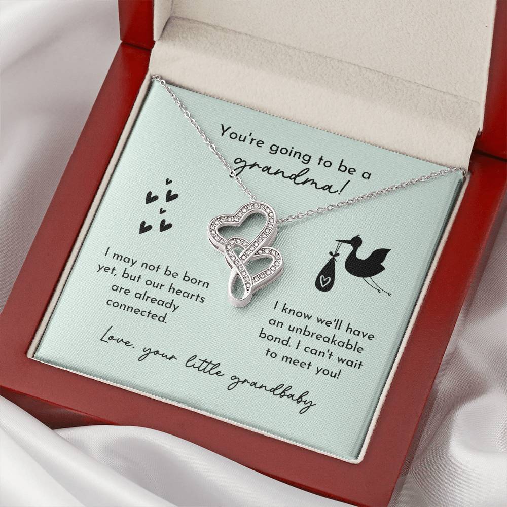 Grandma To Be Birth Announcement Double Hearts  Mint Stork Double Hearts Necklace