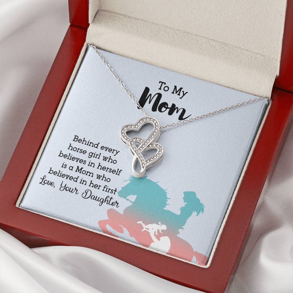 To Mom I Believe Thanks To You 14K  White Gold Cubic Ziconian Diamonds Necklace Double Hearts Necklace