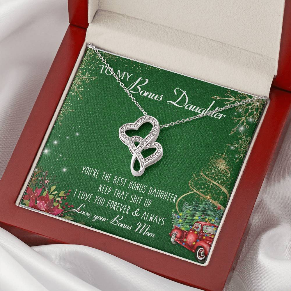 To My Bonus Daughter Forever Love Necklace Christmas Gift - Bonus Daughter Double Heart Necklace - Step Daughter Gift  Double Hearts Necklace
