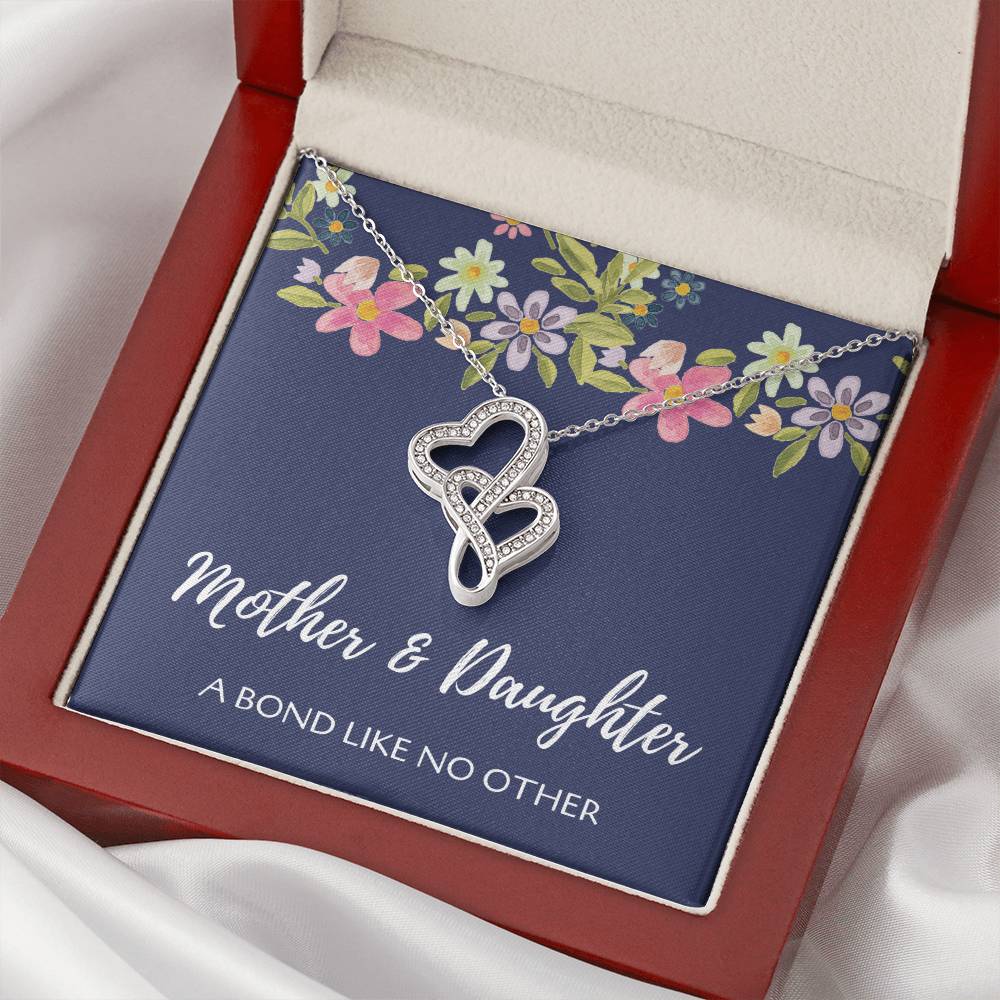 Mother And Daughter A Bond Like No Other 14K White Gold Stainless Steel Necklace Pendant - Gift From Daughter To Mom O Double Hearts Necklace
