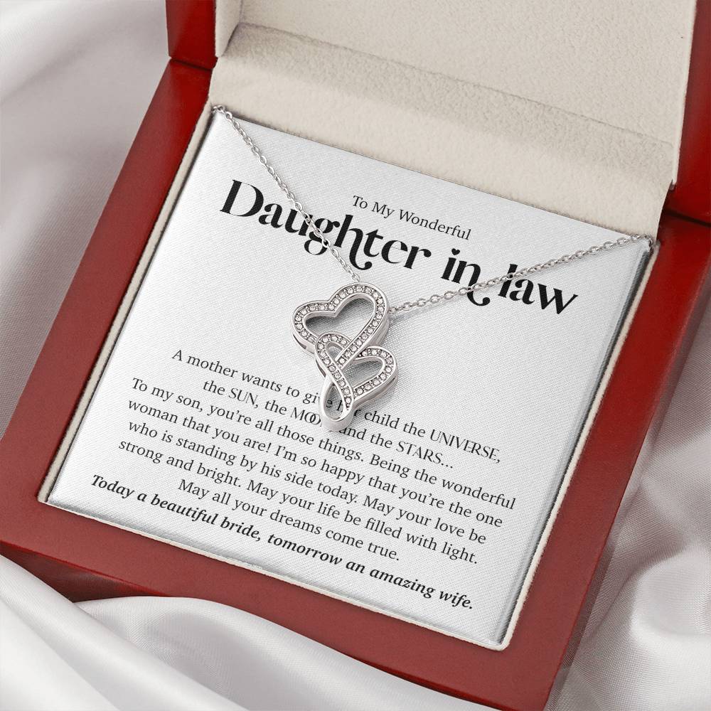 To My Wonderful Daughter In Law Wedding Day Necklace - Joined Hearts Double Hearts Necklace