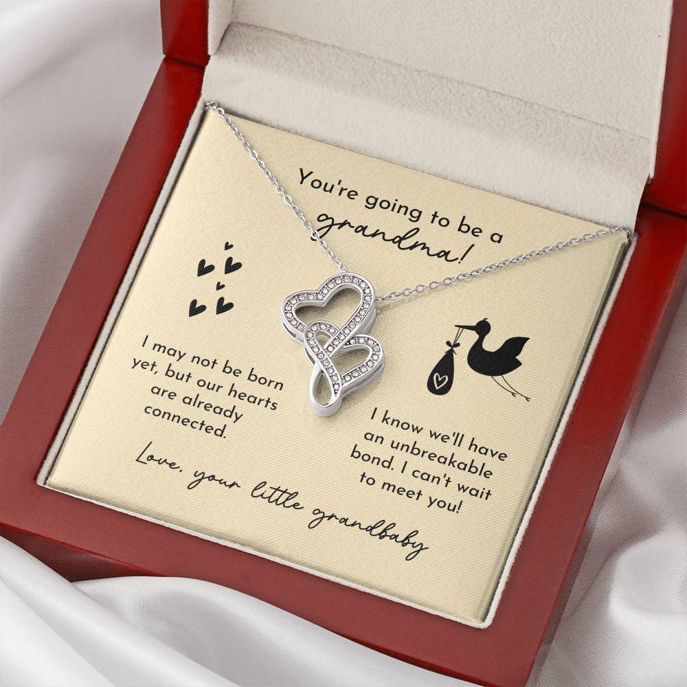 Grandma To Be Birth Announcement Double Hearts  Yellow Stork Double Hearts Necklace