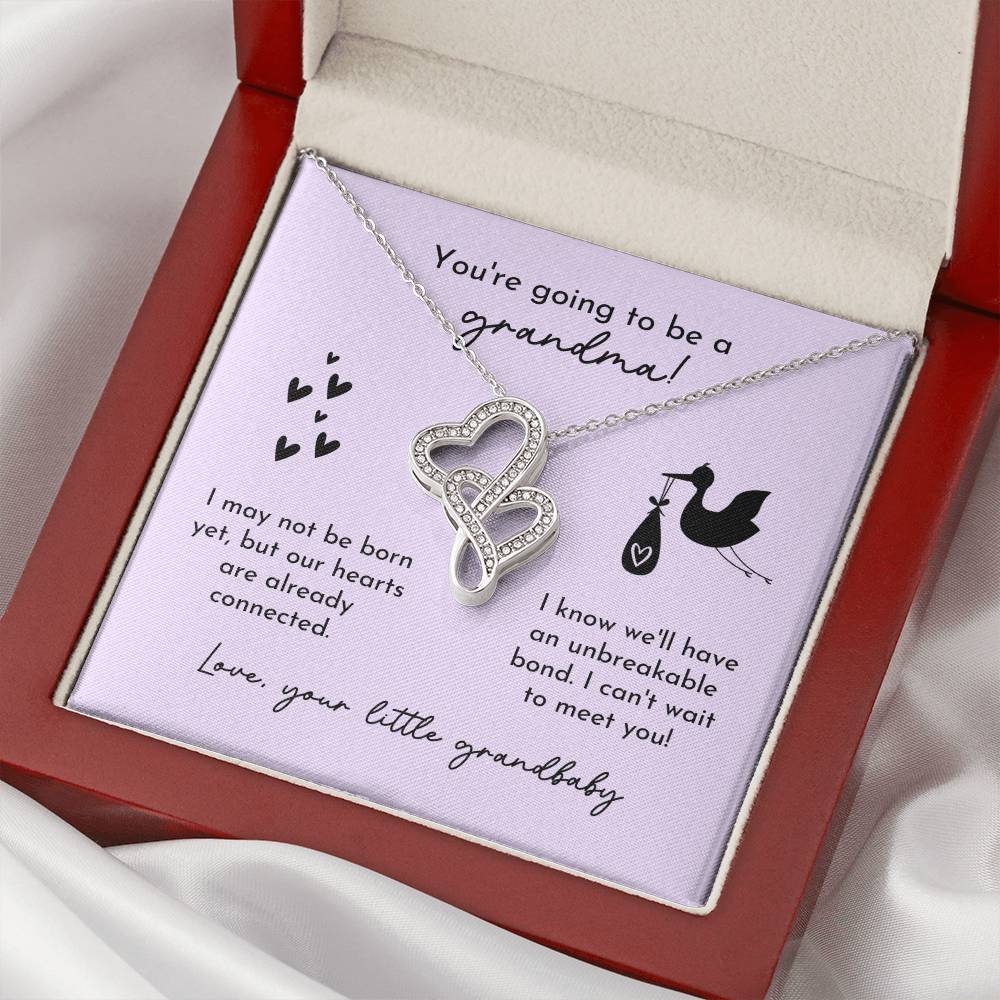 Grandma To Be Birth Announcement Double Hearts  Lavender Stork Double Hearts Necklace