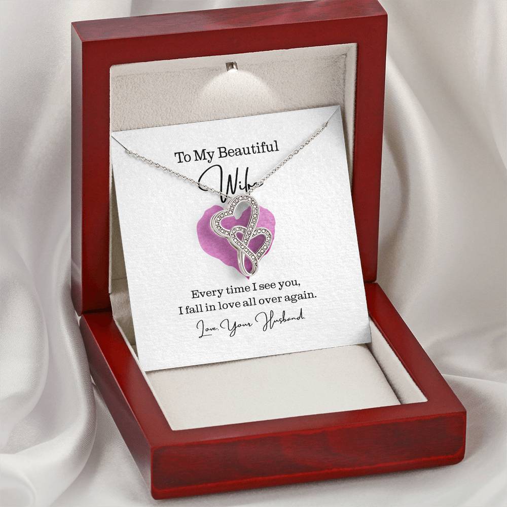 To My Beautiful Wife - Fall In Love All Over Again Double Hearts Necklace