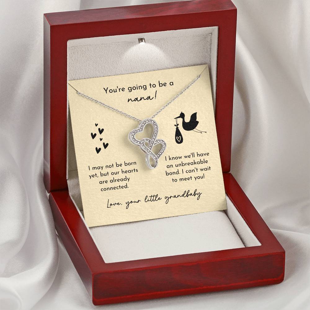 Nana To Be Birth Announcement Double Hearts  Yellow Stork Double Hearts Necklace