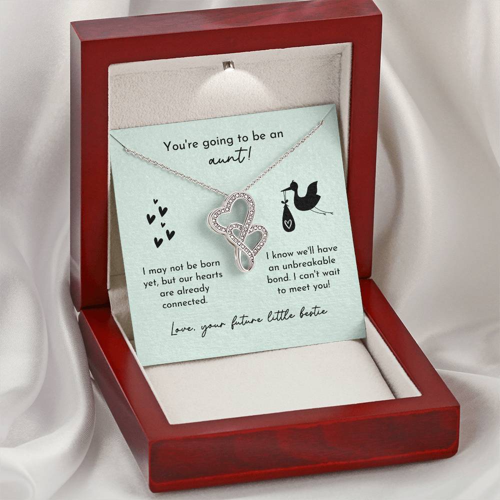 Aunt To Be Birth Announcement Double Hearts  Mint Stork Double Hearts Necklace