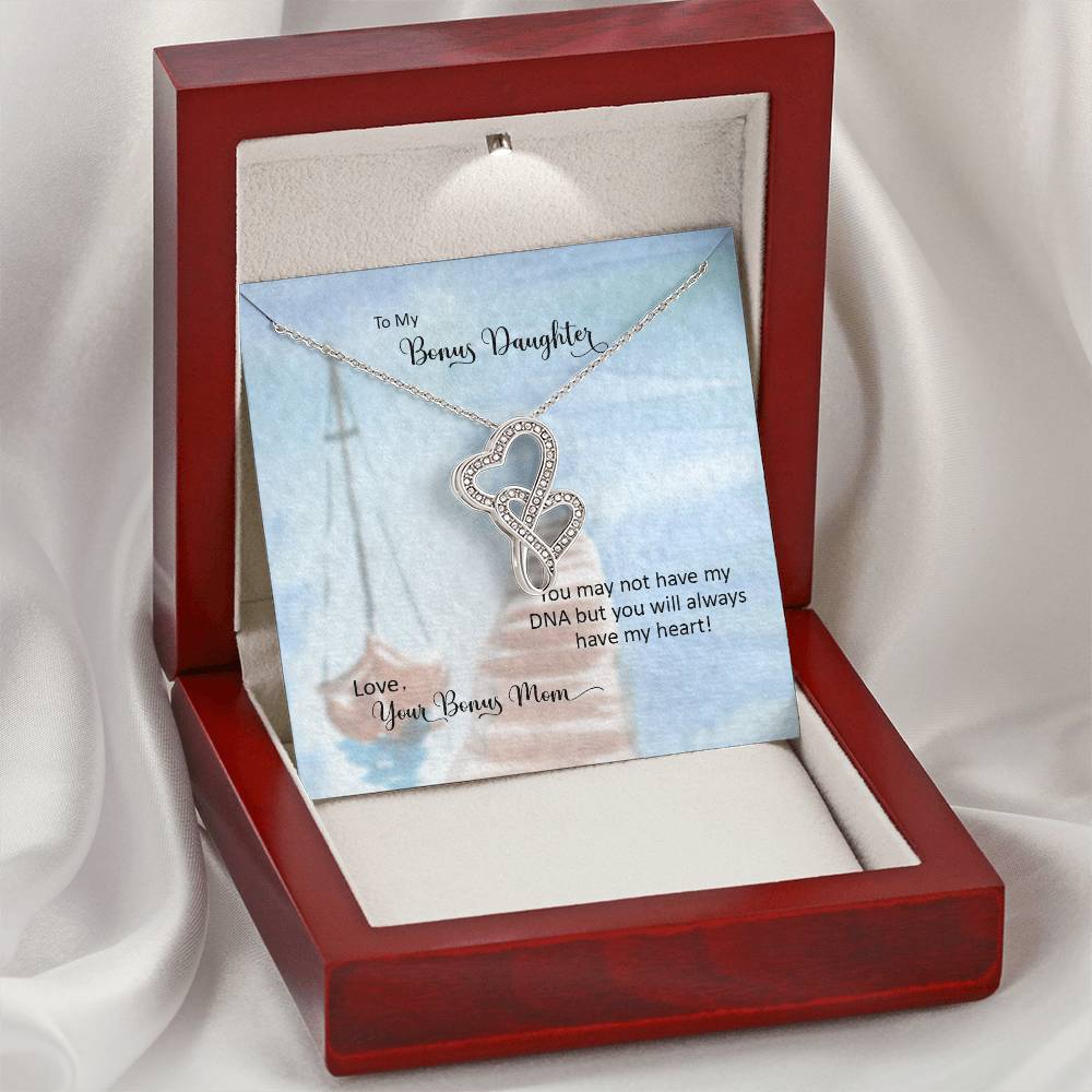 Bonus Daughter From Bonus Mom No Dna But You Have My Heart  5 Double Hearts Necklace