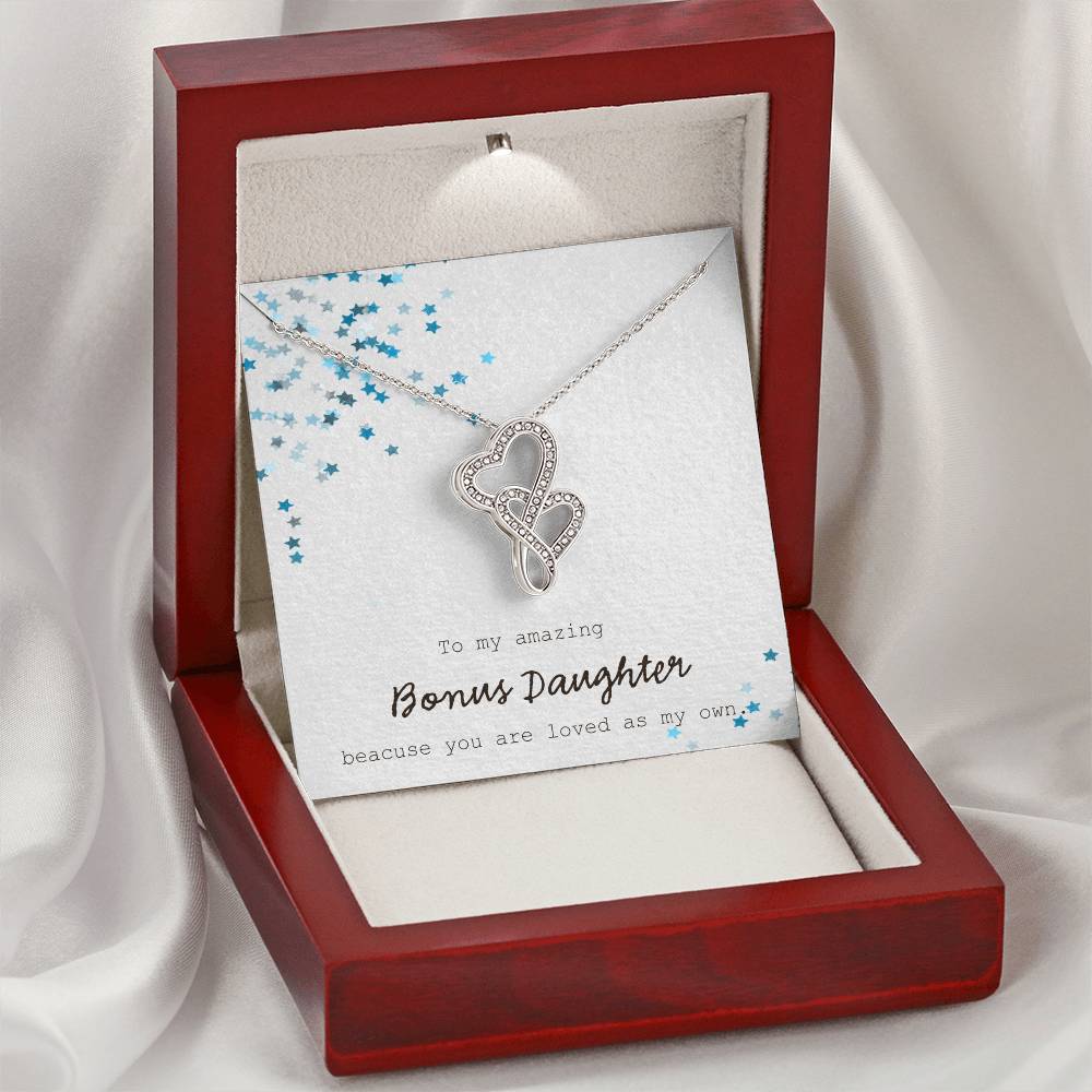 To My Amazing Bonus Daughter - Blue Double Hearts Necklace