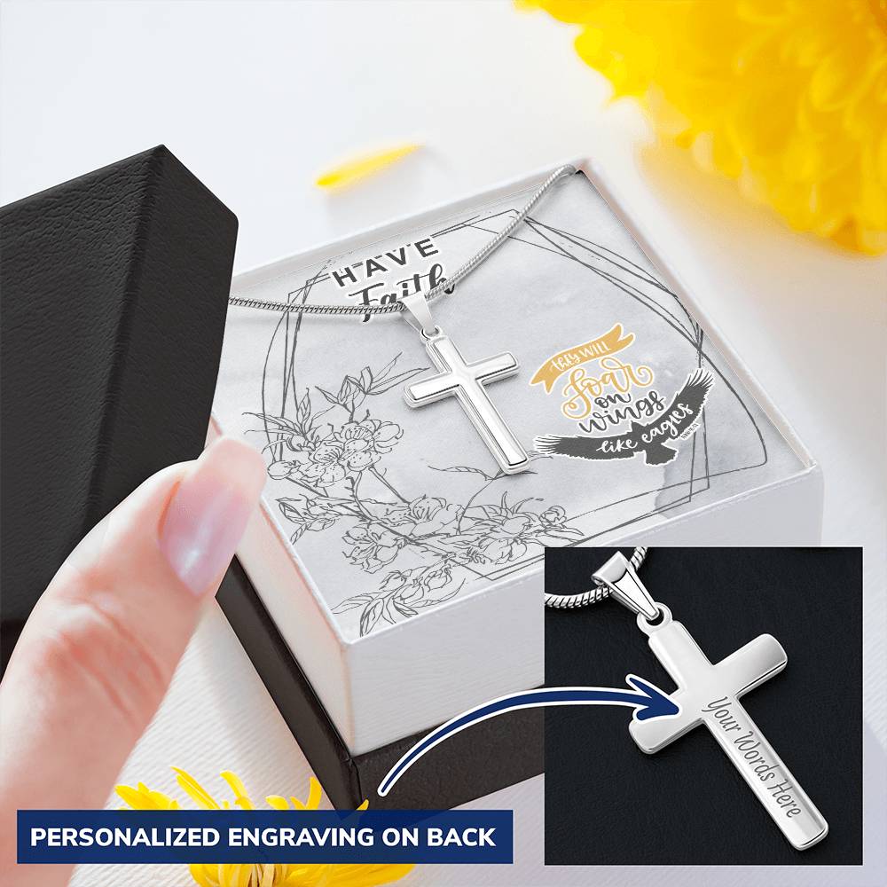 Dad To Son Gifts - They Will Soar On Wings Like Eagles Customize Engraved Cross Necklace