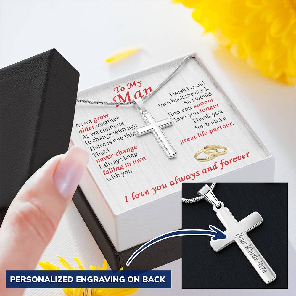 For Your Man - Grow Older Together - Cross Customize Engraved Cross Necklace