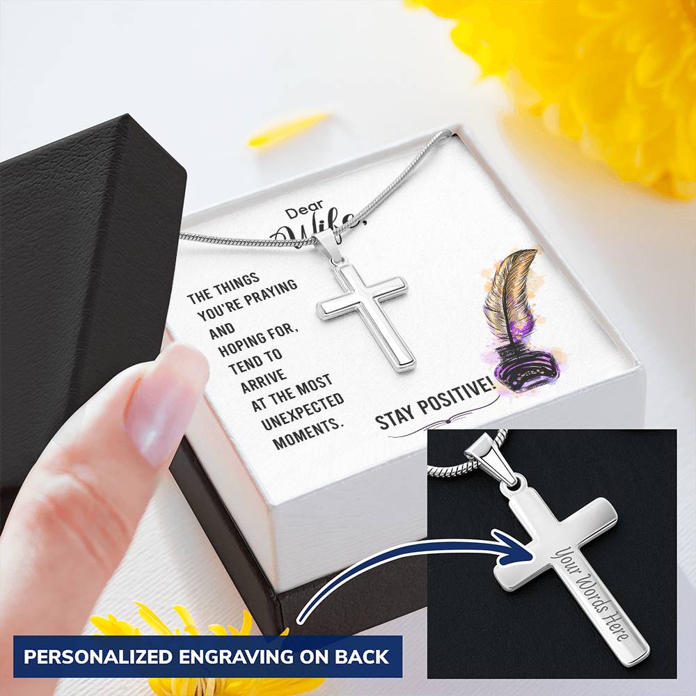 Dear Wife - The Things You're Praying And Hoping For - Customize Cross Necklace Customize Engraved Cross Necklace