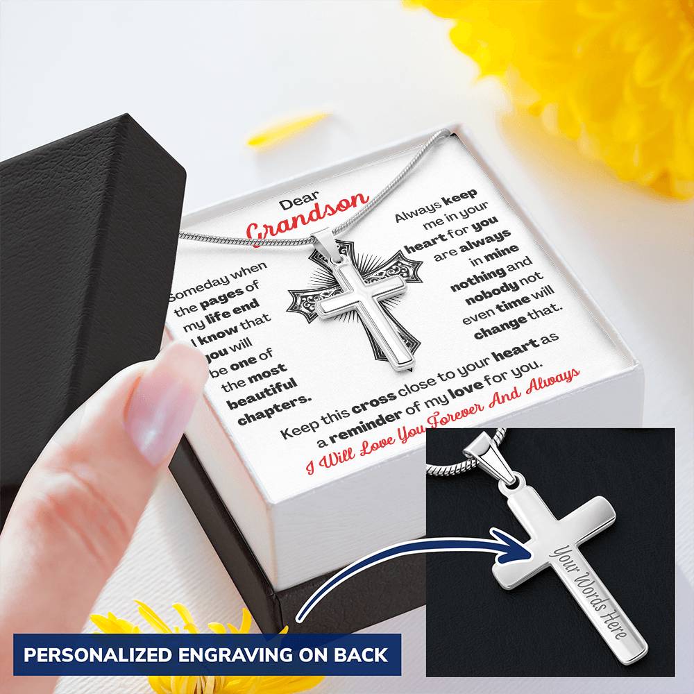 Dear Grandson Cross Necklace Customize Engraved Cross Necklace