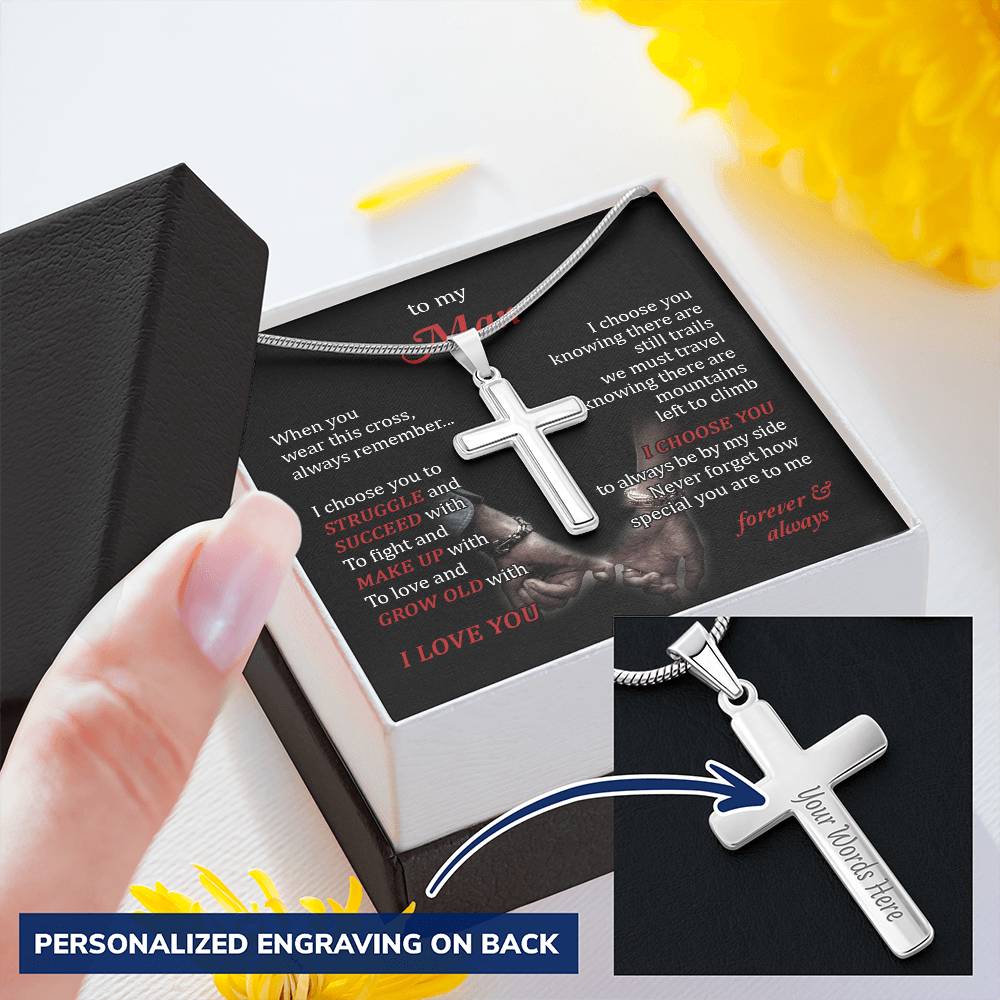 For Your Man - Grow Old With You - Cross Customize Engraved Cross Necklace