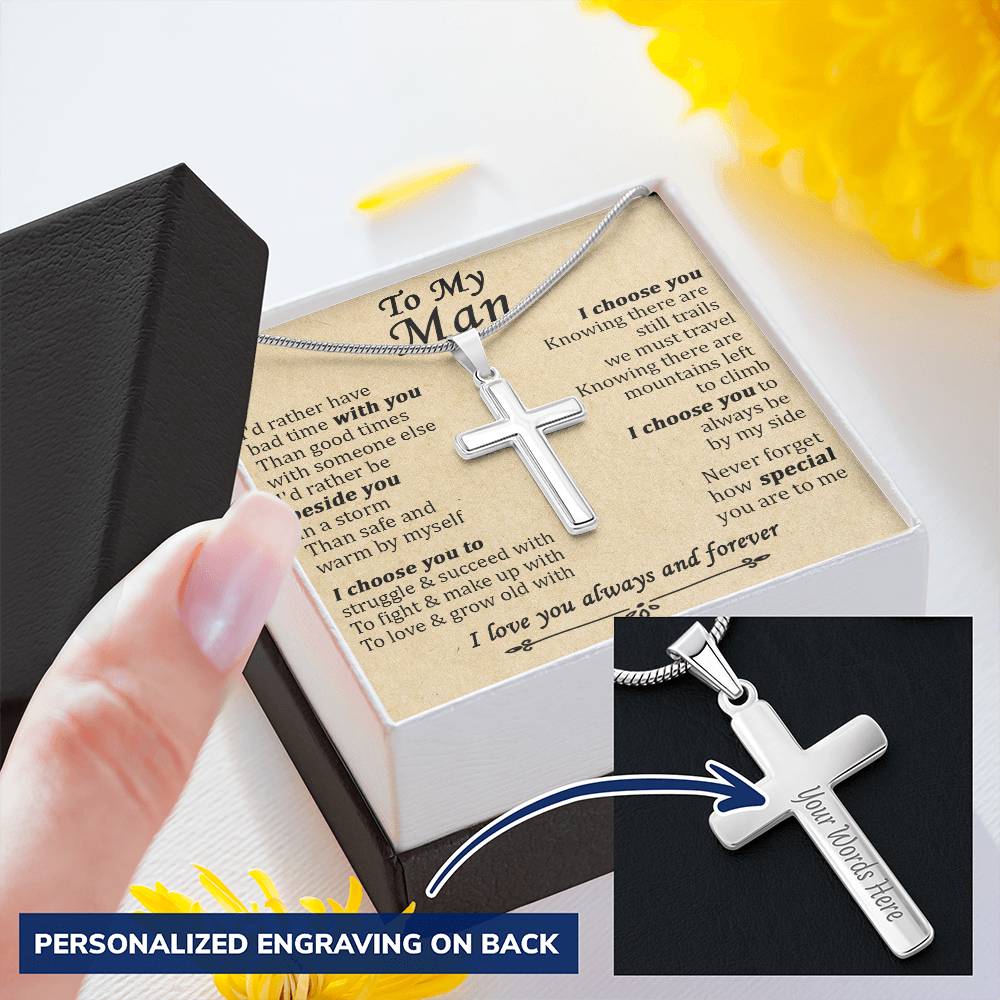 For Your Man - Be Beside You - Cross Customize Engraved Cross Necklace