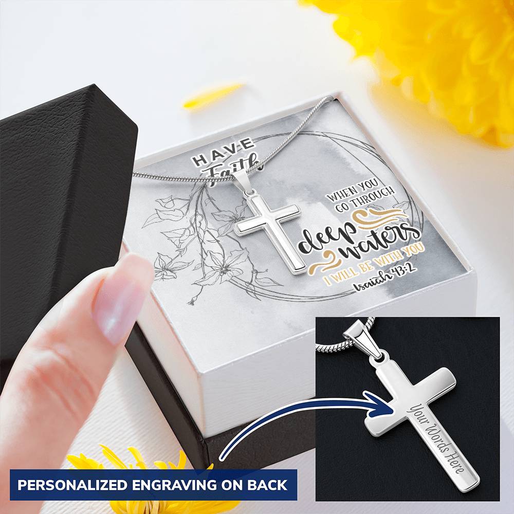 Dad To Son Gifts - When You Go Through Deep Waters I Will Be With You Customize Engraved Cross Necklace