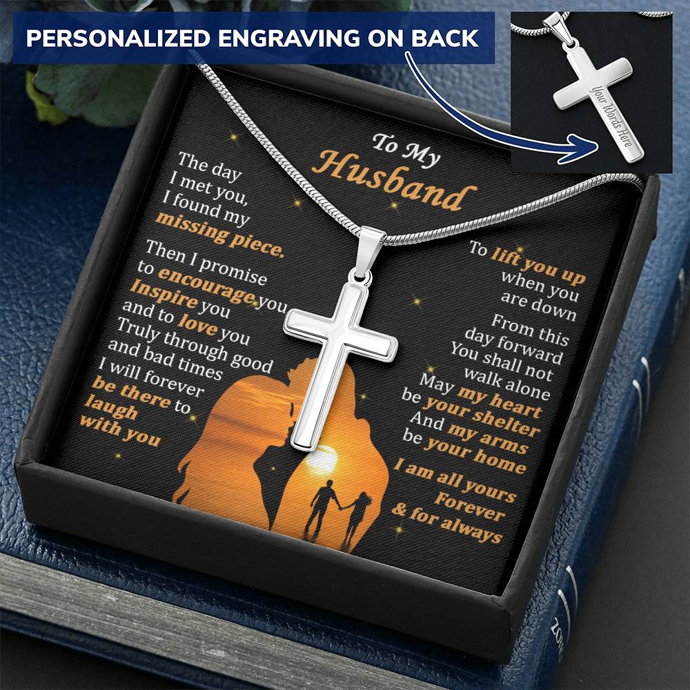 For Husband - Shall Not Walk Alone - Cross Customize Engraved Cross Necklace
