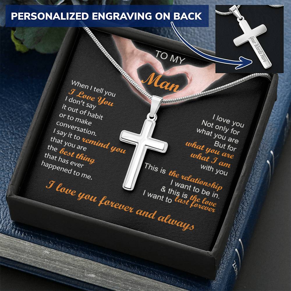 For Your Man - Love You - Cross Customize Engraved Cross Necklace