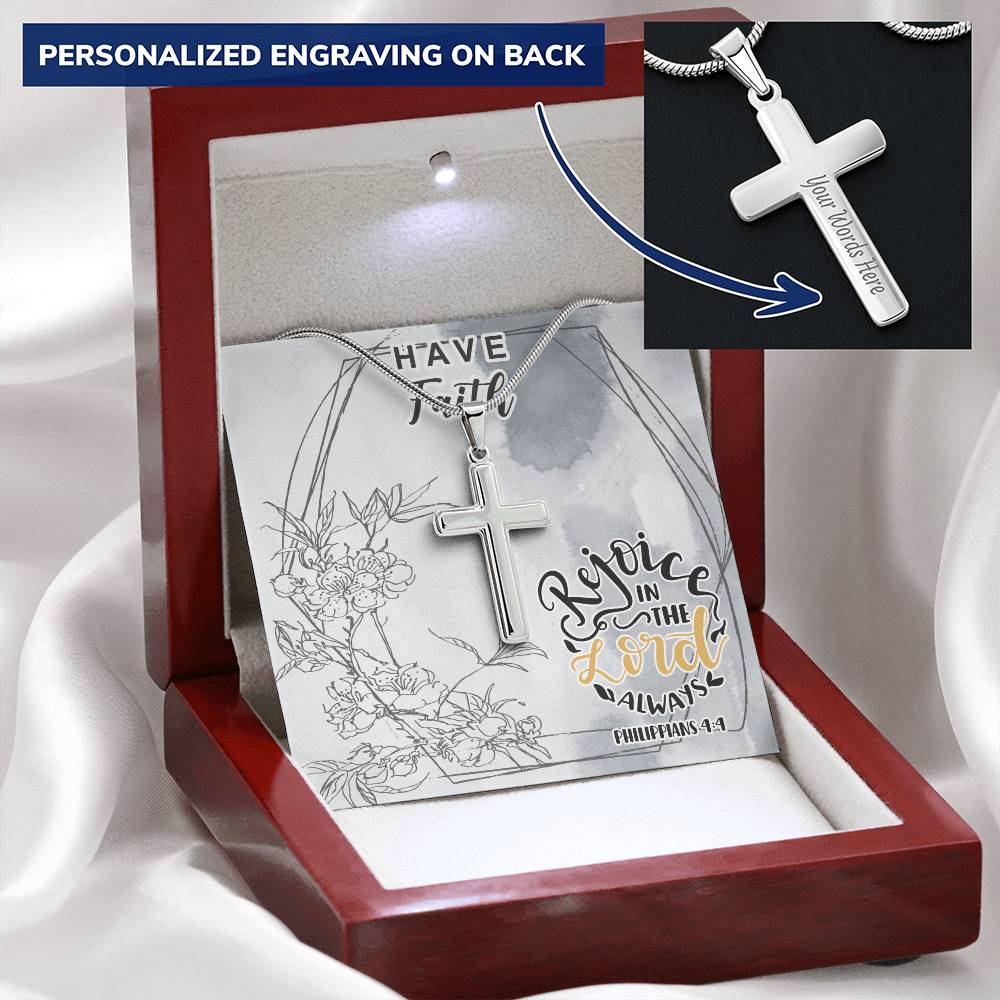 Dad To Son Gifts - Rejoice In The Lord Always Customize Engraved Cross Necklace