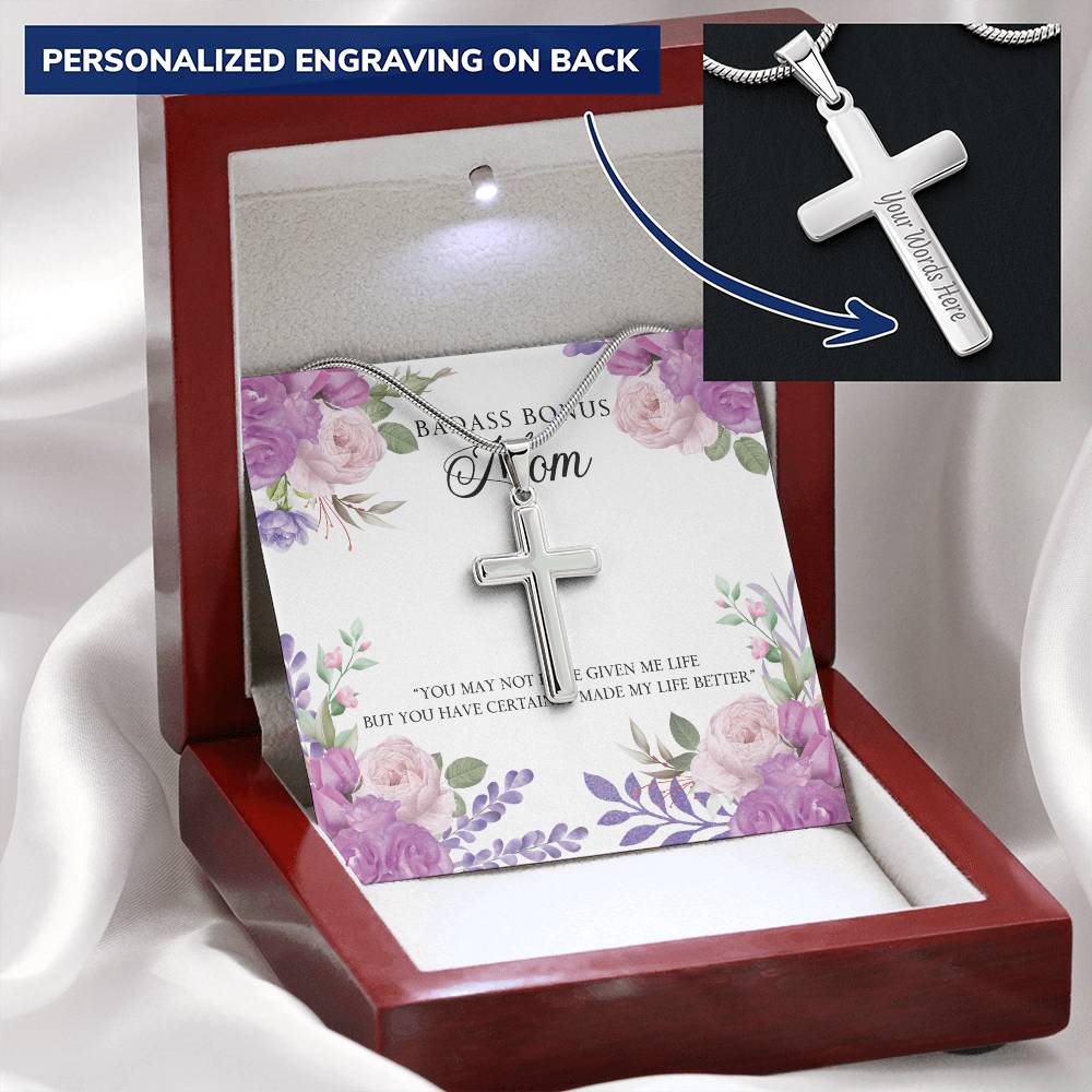 Badass Bonus Mom Necklace Customize Engraved Cross Necklace