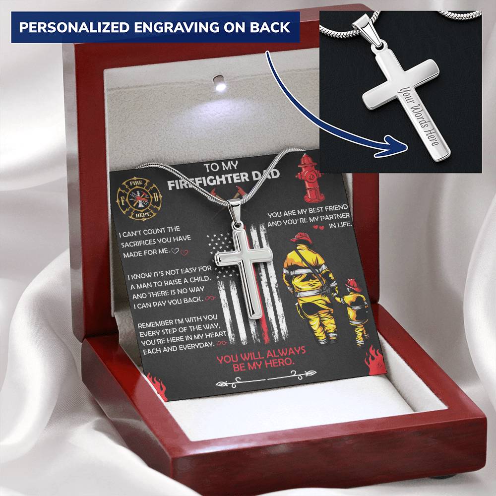Firefighter Dad Gift- Father's Day Gift For Firefighter- Firefighter Gift- Firefighter Cross Necklace Customize Engraved Cross Necklace