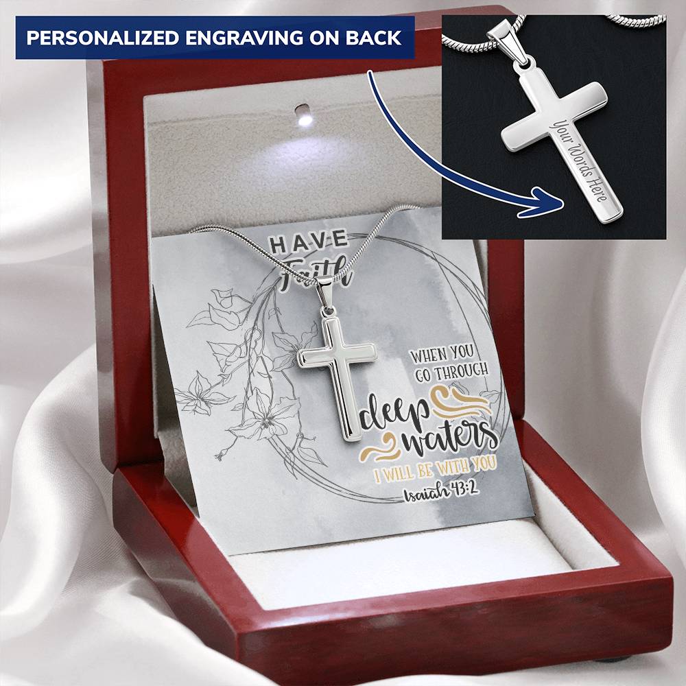 Dad To Son Gifts - When You Go Through Deep Waters I Will Be With You Customize Engraved Cross Necklace