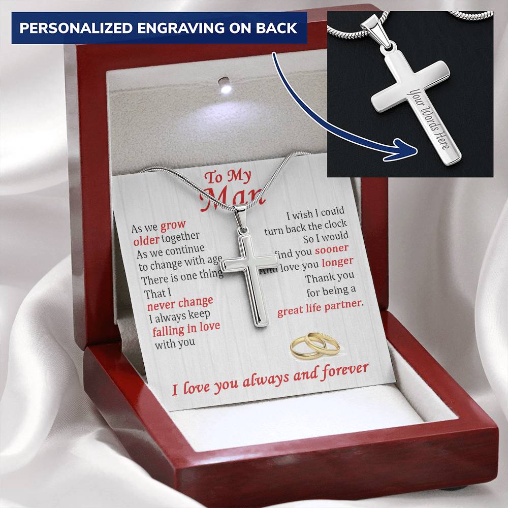 For Your Man - Grow Older Together - Cross Customize Engraved Cross Necklace