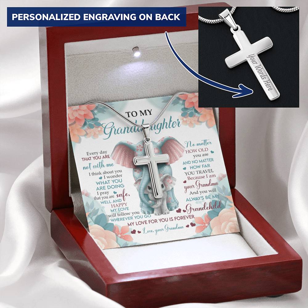 To My Granddaughter Cross Necklace - Elephant Lovers Customize Engraved Cross Necklace