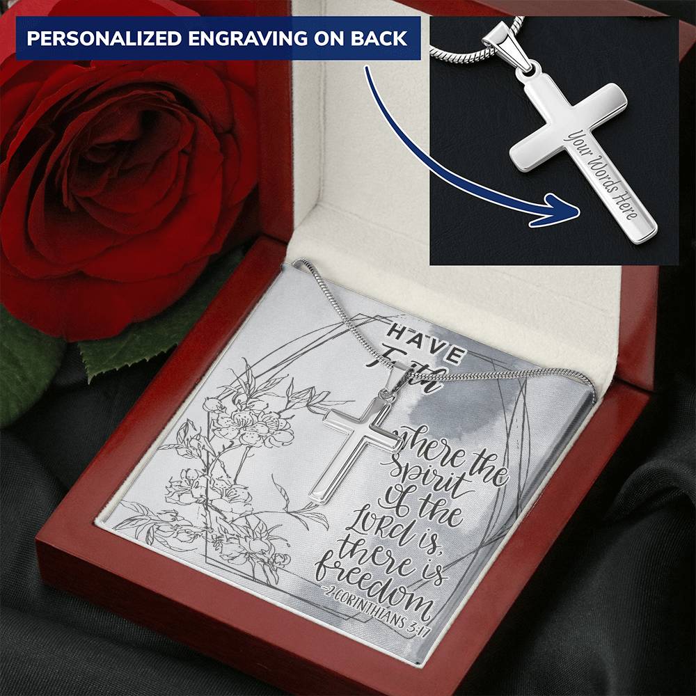Dad To Son Gifts - Where The Spirit Of The Lord Is There Is Freedom Customize Engraved Cross Necklace