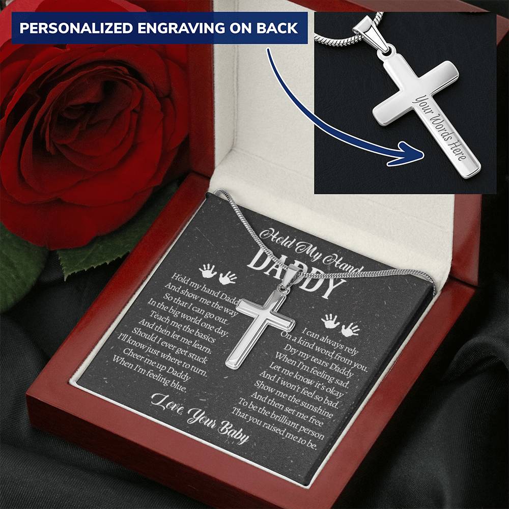 Fathers Day Gift From Baby Customize Father Gift From Baby Hold My Hand Daddy Gift Customize Engraved Cross Necklace