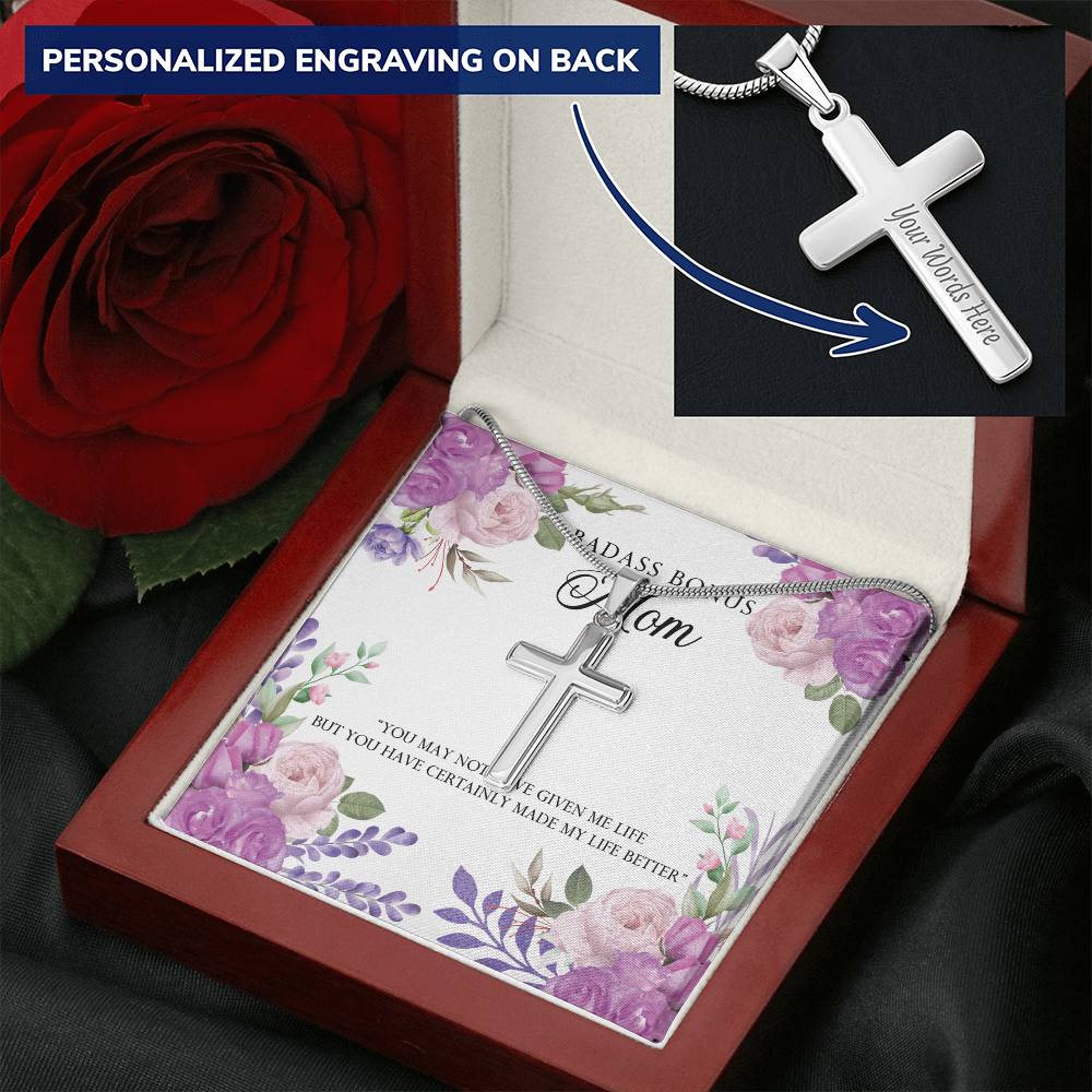 Badass Bonus Mom Necklace Customize Engraved Cross Necklace