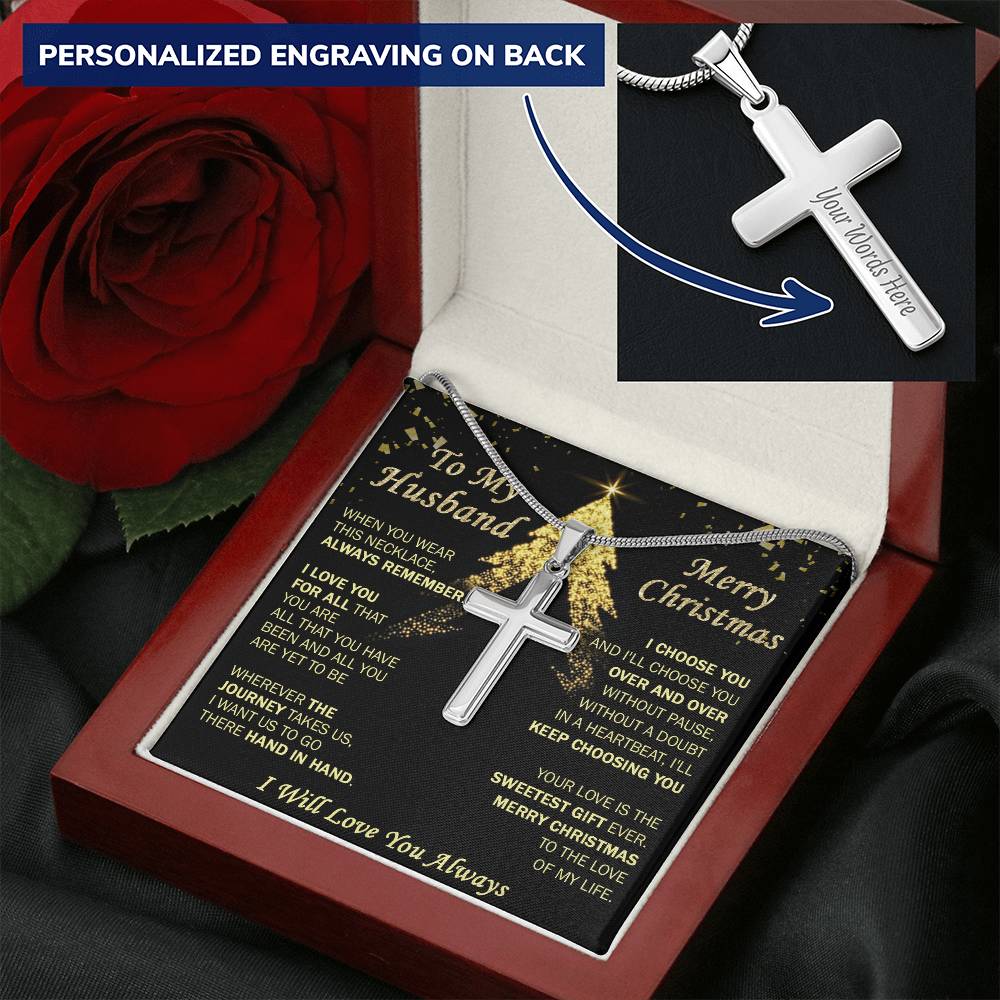 Gift For Husband - Heartbeat - Cross Customize Engraved Cross Necklace