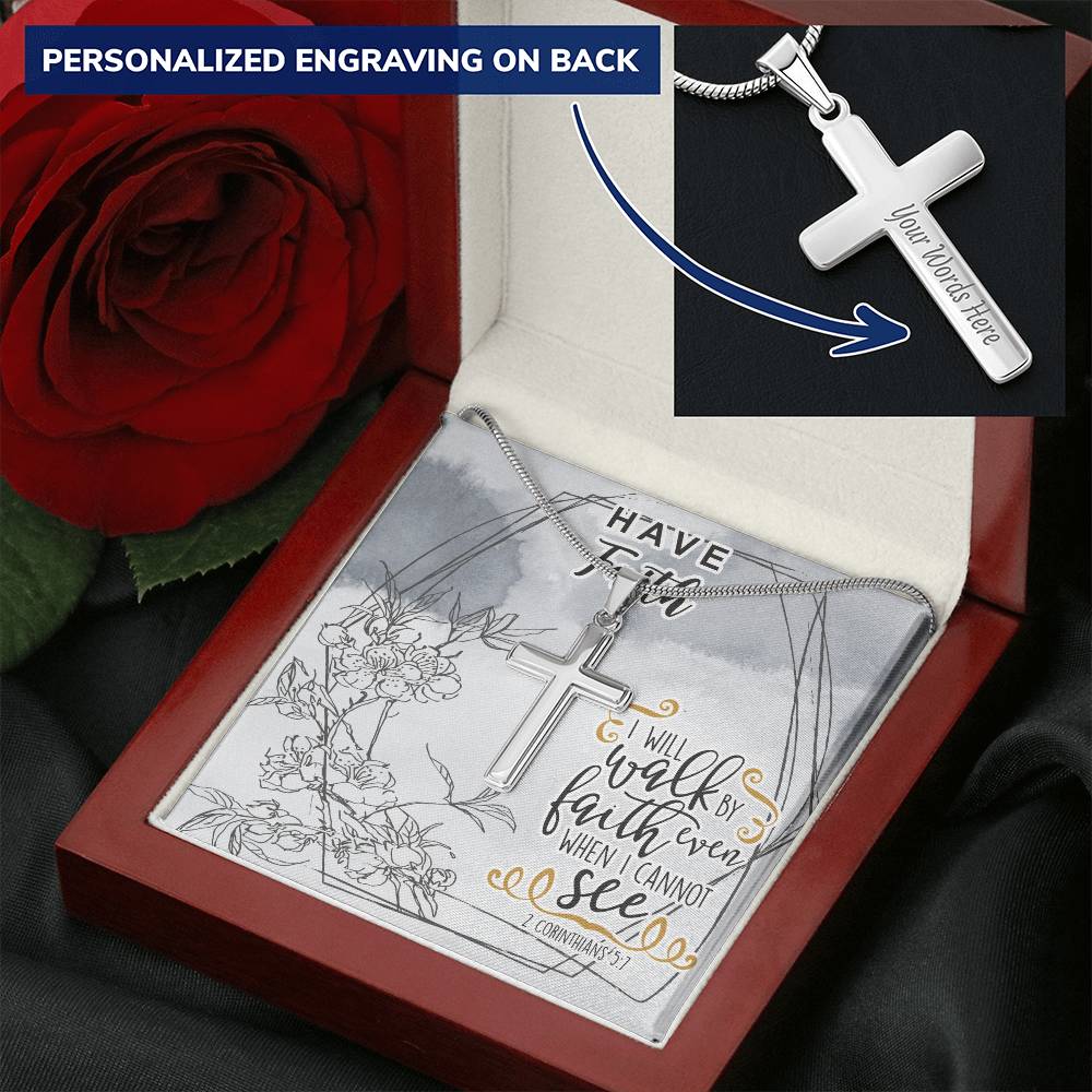 Dad To Son Gifts Cross Necklace Chain Bible Verse - I Will Walk By Faith Even When I Cannot See Customize Engraved Cross Necklace