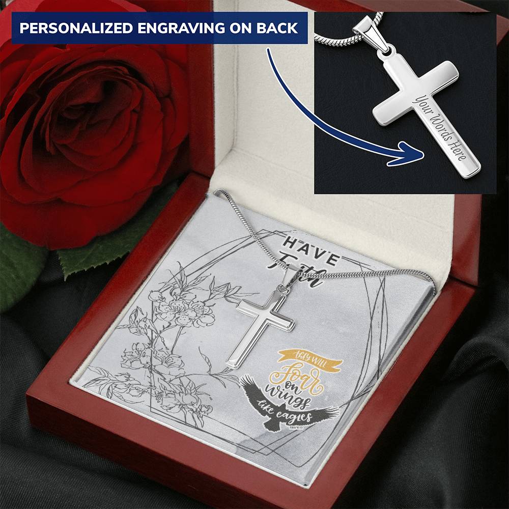 Dad To Son Gifts - They Will Soar On Wings Like Eagles Customize Engraved Cross Necklace