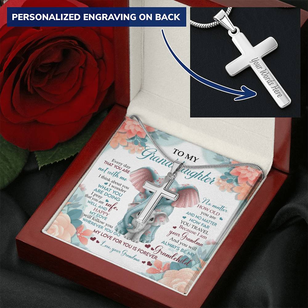 To My Granddaughter Cross Necklace - Elephant Lovers Customize Engraved Cross Necklace