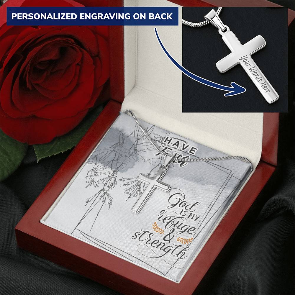 Dad To Son Gifts Cross Necklace Chain Bible Verse - God Is My Refuge & Strength Customize Engraved Cross Necklace