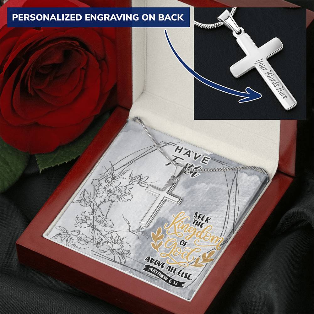 Dad To Son Gifts - Seek The Kingdom Of God Above All Else Customize Engraved Cross Necklace