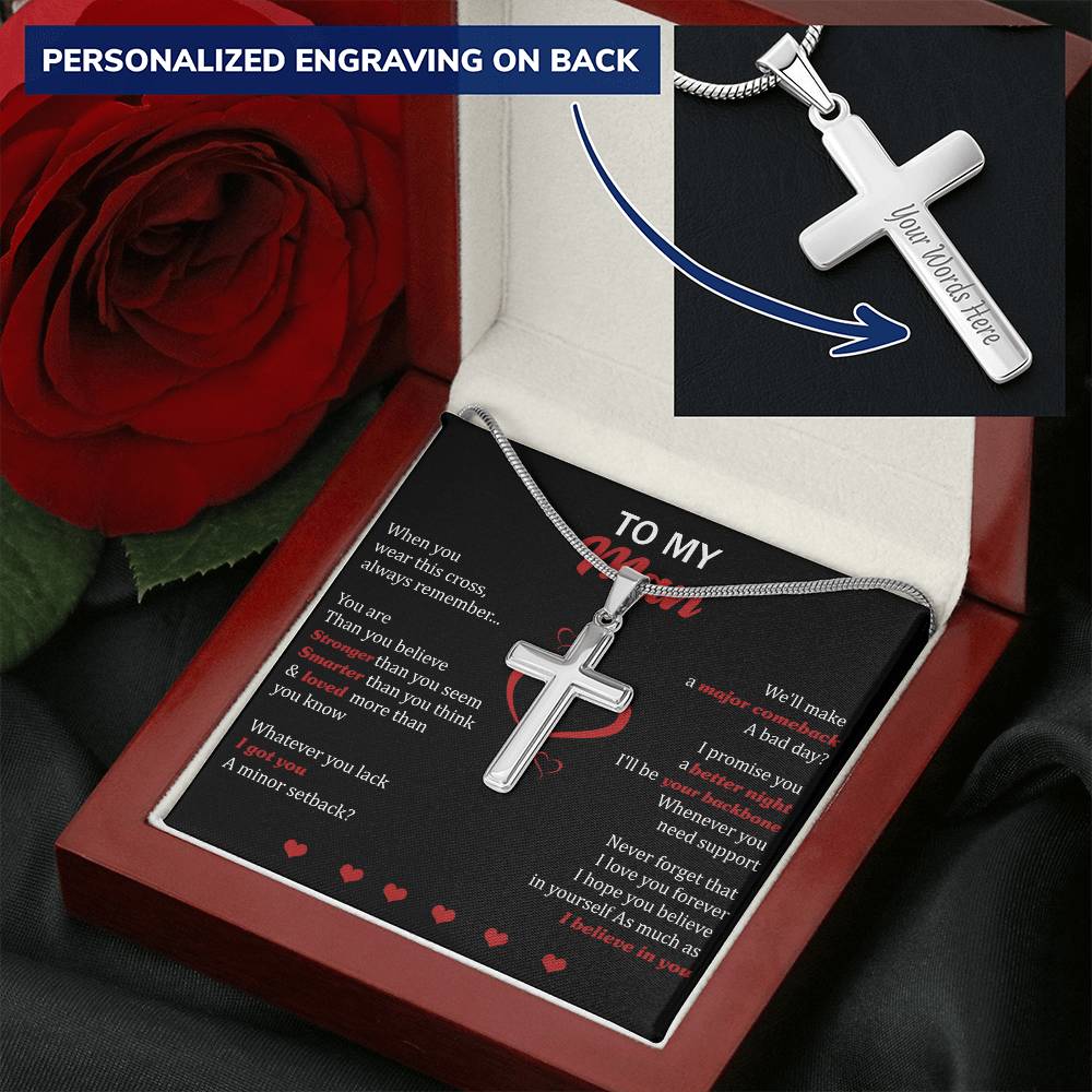 For Your Man - Stronger Than You Seem - Cross Customize Engraved Cross Necklace