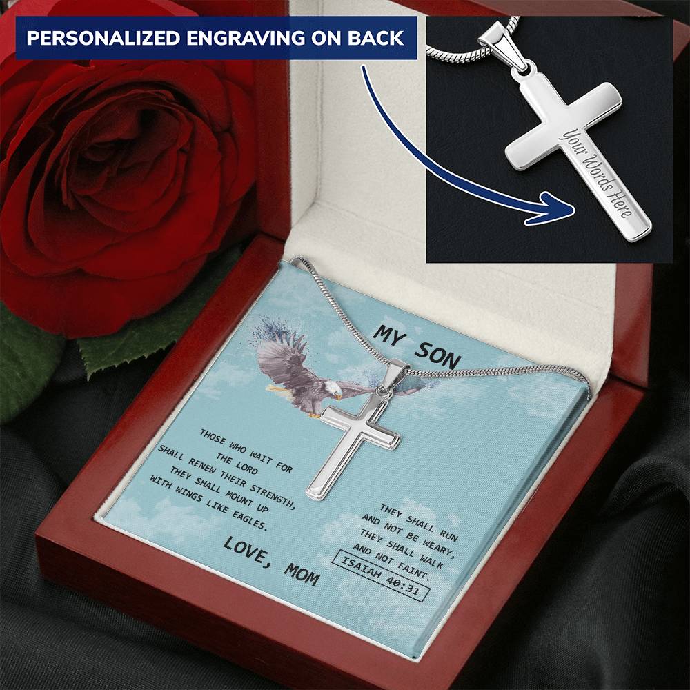 Eagle Cross For Son - Love Mom Customize Engraved Cross Necklace