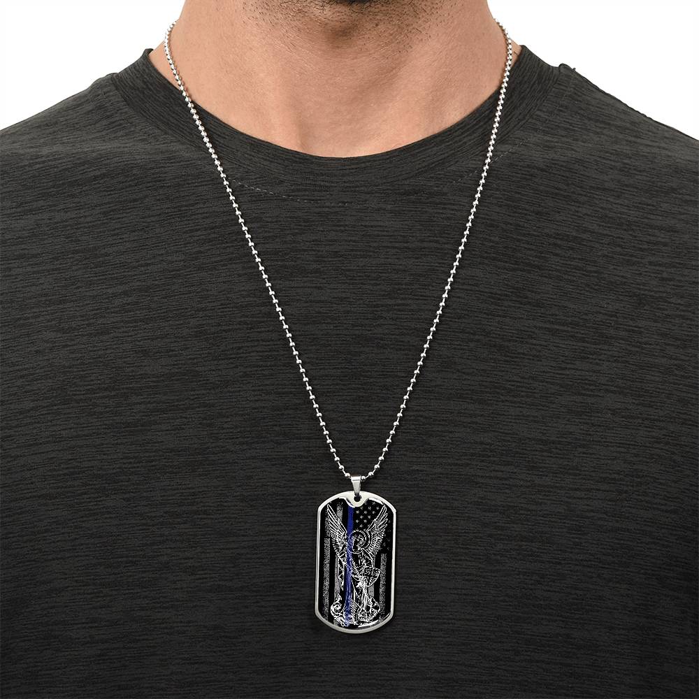 Police Officer Thin Blue Line With Archangel Michael - Military Style Dogtag - Army Tag Necklace, Dog Tag Necklace