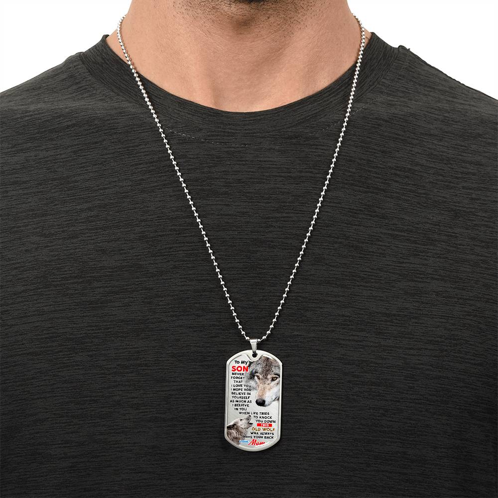 Gift For Son - Gift From Mother - Wolf Mom Gift - Wolf Lover Gift - Gift For Son From Mom - Son's Birthday Gift - Mother Son Gift - Army Tag Necklace, Dog Tag Necklace