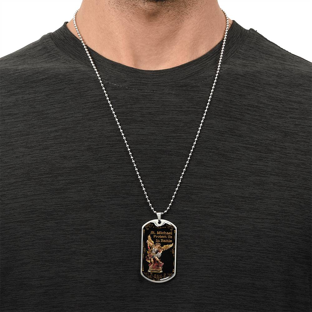 Men's Bronze Archangel St. Michael Shield Necklace, Antiqued Brass Chain, St Michael Protect Us In Battle Police Dog Tag - Army Tag Necklace, Dog Tag Necklace