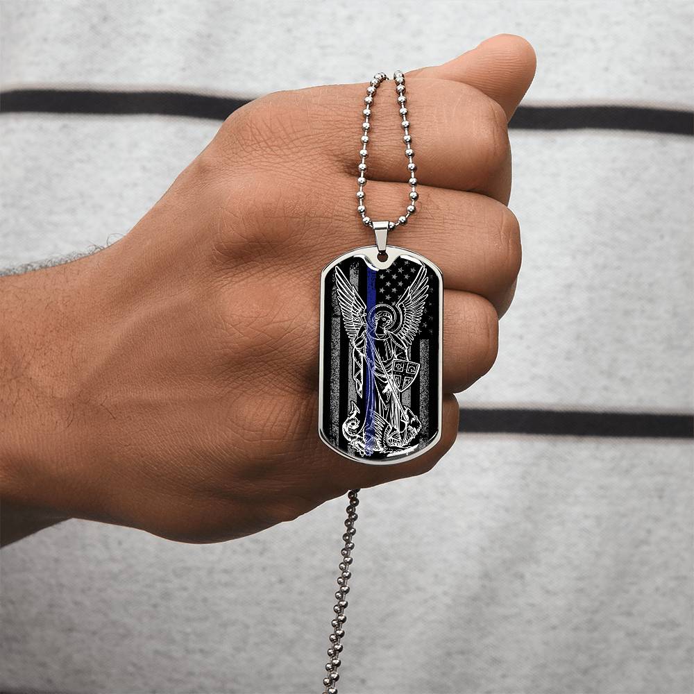 Police Officer Thin Blue Line With Archangel Michael - Military Style Dogtag - Army Tag Necklace, Dog Tag Necklace